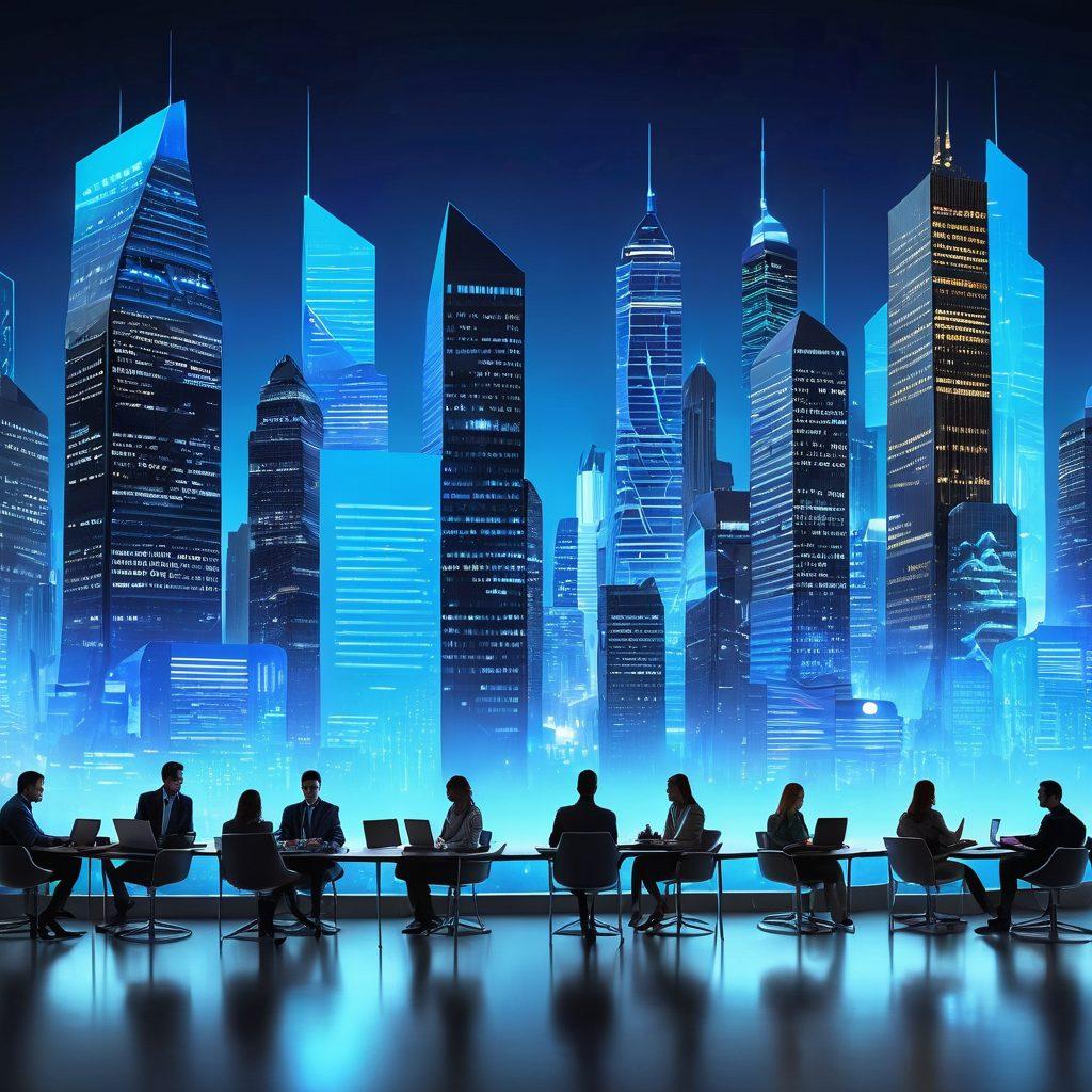 A futuristic city skyline representing the digital world, with floating screens displaying insurance quotes and coverage options. A diverse group of people, engaged in discussions while using digital devices, symbolizing guidance and assistance in the insurance landscape. Subtle icons of various insurance types like health, auto, and home embedded in the background. Soft blue tones to convey trust and professionalism. super-realistic. vibrant colors.