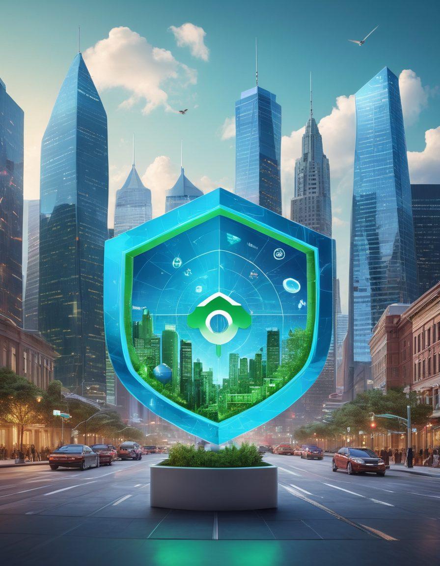 A digital marketplace bustling with diverse insurance symbols like shields and dollar signs, surrounded by dynamic graphs illustrating affordability trends. Experts engaging in discussions at holographic tables showcasing insurance plans. A backdrop of a futuristic city skyline representing growth and innovation. Soft blue and green tones to evoke trust and clarity. super-realistic. vibrant colors. 3D.