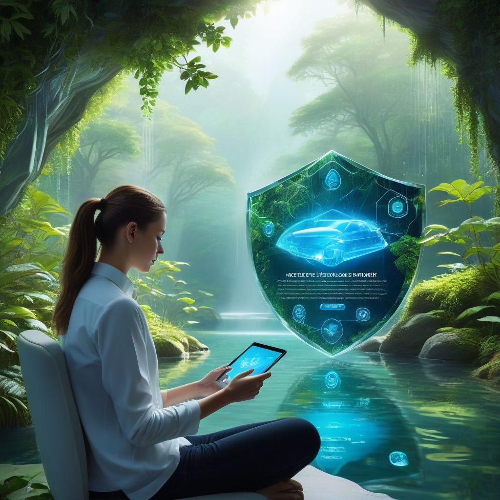 A futuristic digital landscape showcasing a person using a tablet surrounded by holographic insurance quotes and plans floating around them. Include elements symbolizing security like shield icons and lock graphics, with a bright and inviting color palette. The background should blend technology and nature, illustrating a harmony between innovation and peace of mind. vibrant colors. super-realistic.